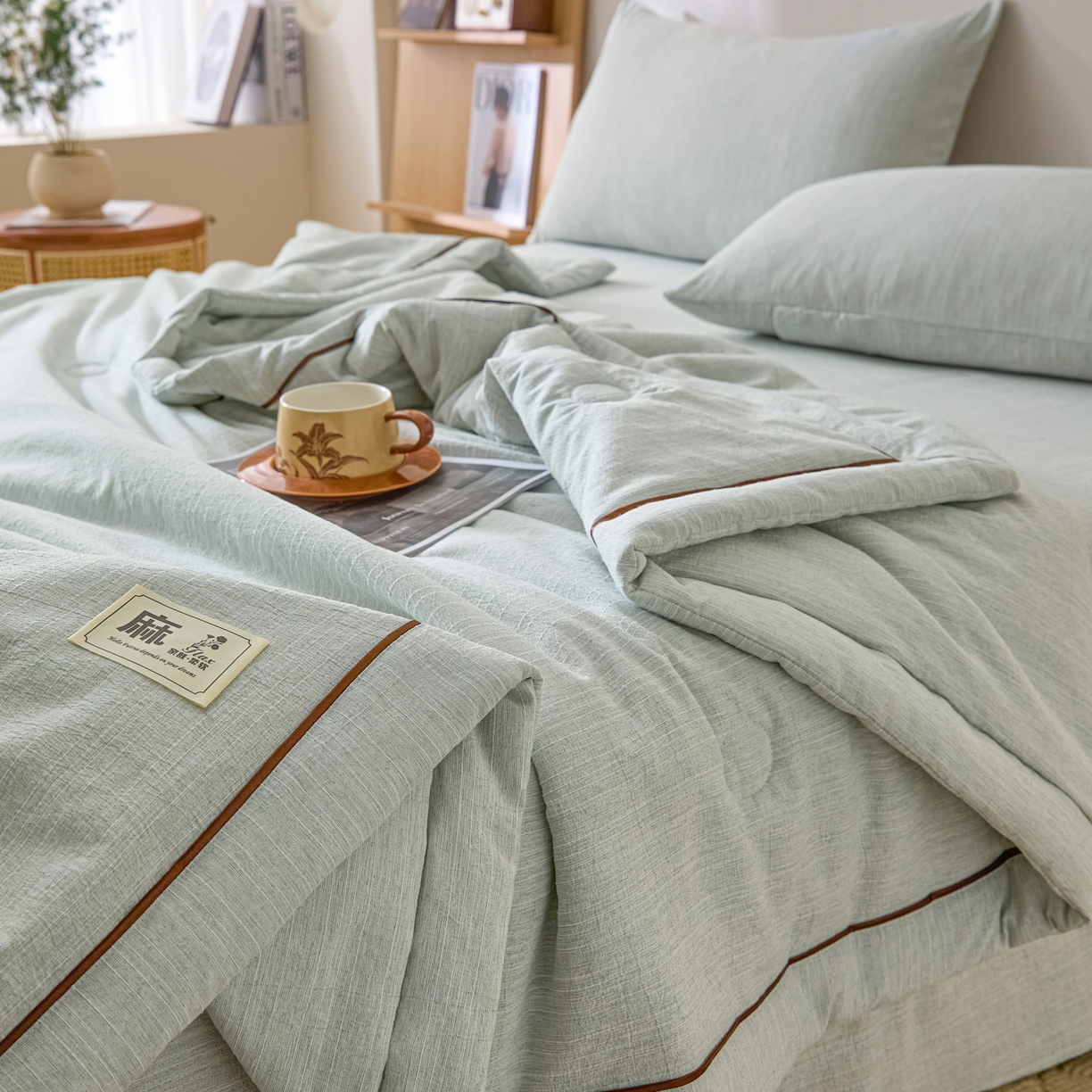 91家纺网 家纺一手货源 找家纺 南北家居 2026新款提花色织水洗麻夏被四件套 色织-抹茶