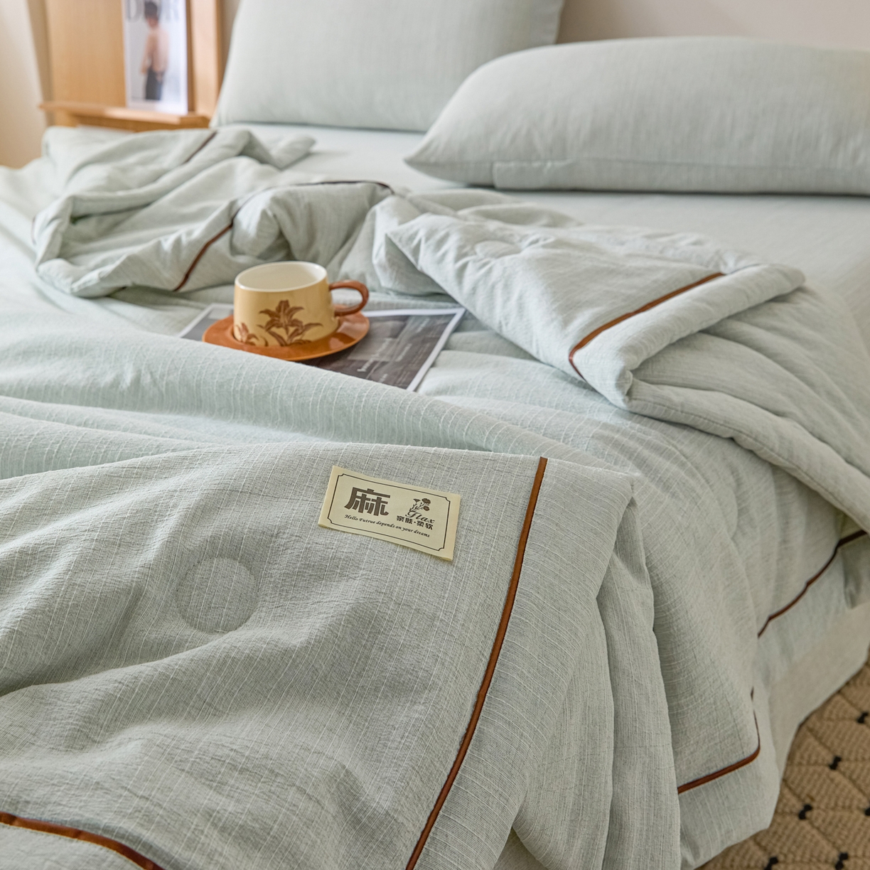 91家纺网 家纺一手货源 找家纺 南北家居 2026新款提花色织水洗麻夏被四件套 色织-抹茶