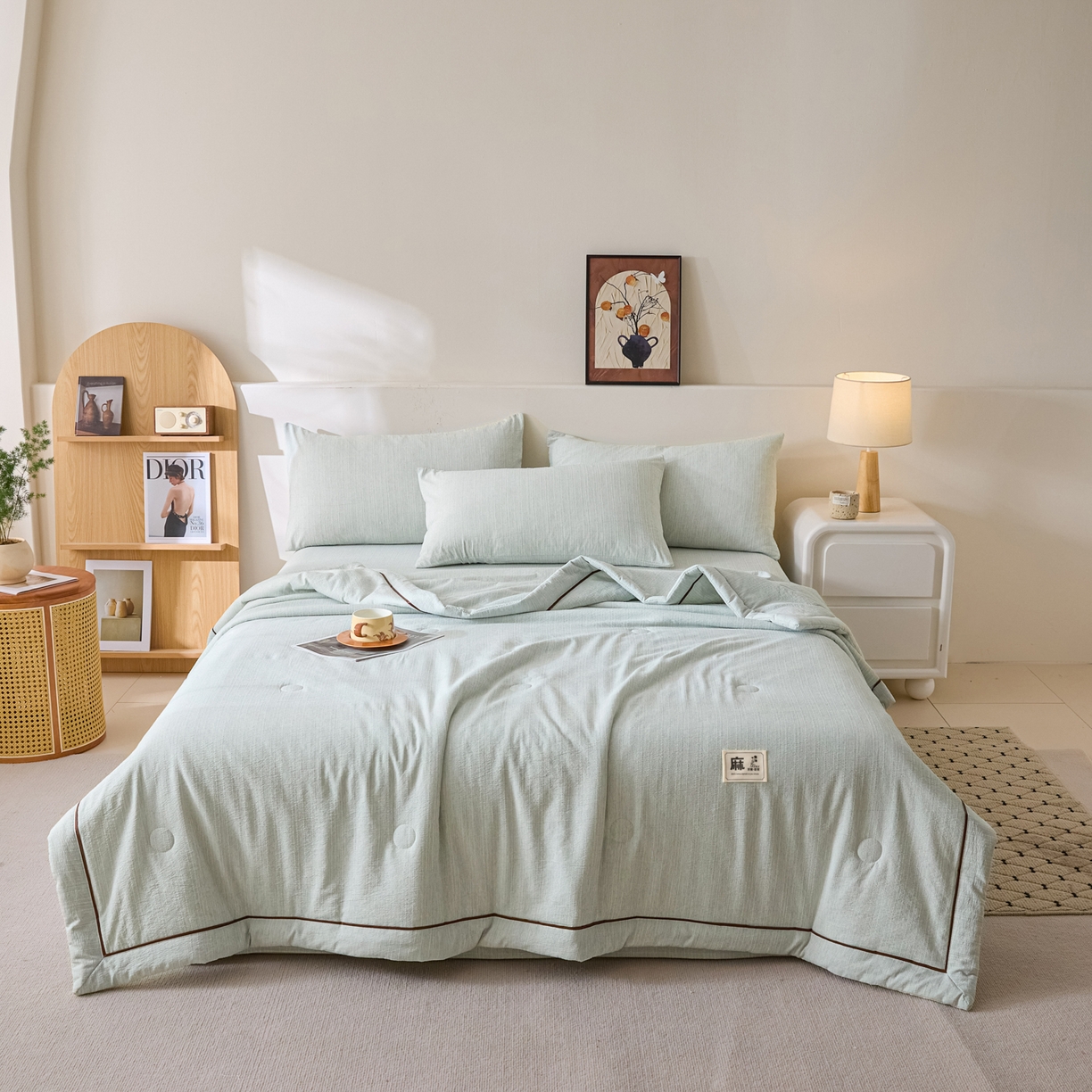 91家纺网 家纺一手货源 找家纺 南北家居 2026新款提花色织水洗麻夏被四件套 色织-抹茶