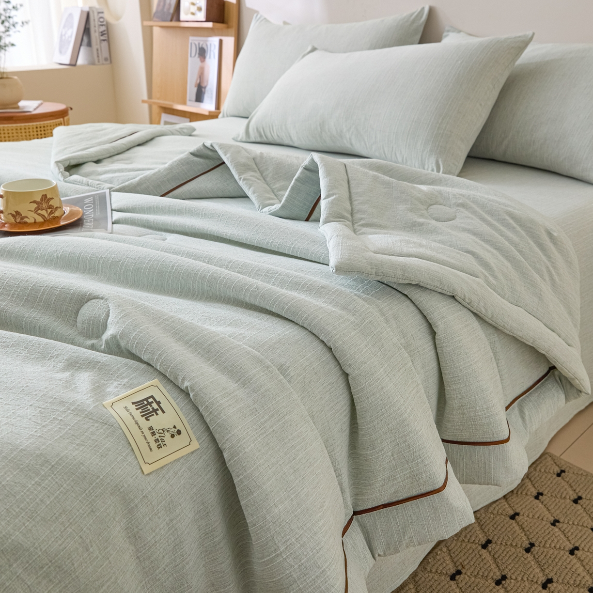 91家纺网 家纺一手货源 找家纺 南北家居 2026新款提花色织水洗麻夏被四件套 色织-抹茶