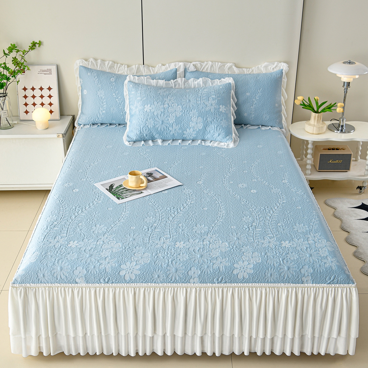 畅畅家纺 2026春夏新款夏季3D立体冰豆豆凉席席子床裙三件套 花香怡人-蓝