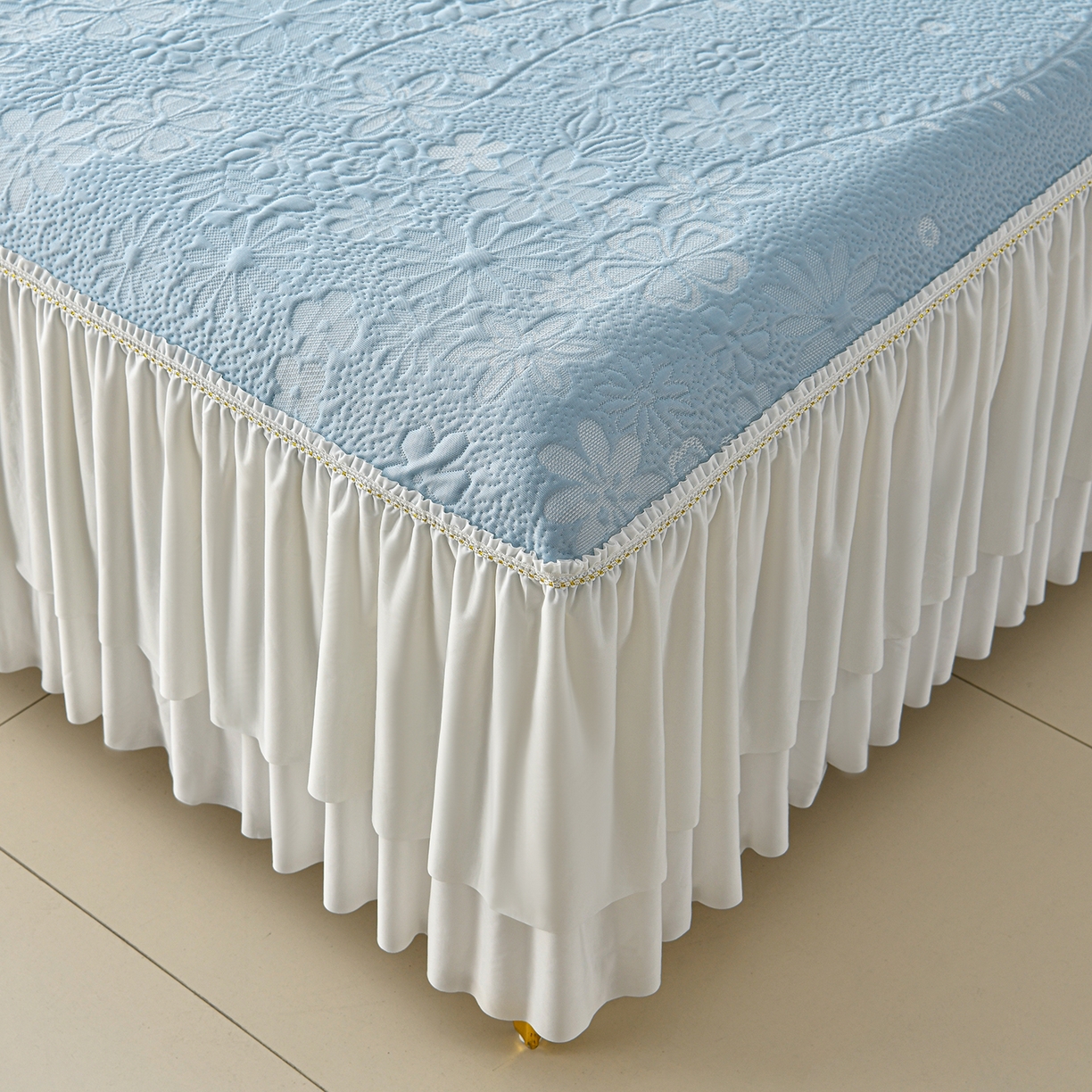 91家纺网 家纺一手货源 找家纺 畅畅家纺 2026春夏新款夏季3D立体冰豆豆凉席席子床裙三件套 花香怡人-蓝