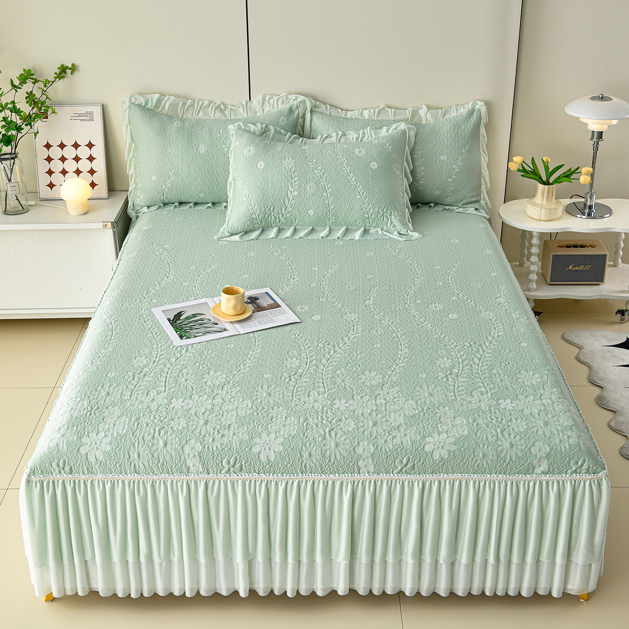 畅畅家纺 2026春夏新款夏季3D立体冰豆豆凉席席子床裙三件套 花香怡人-绿