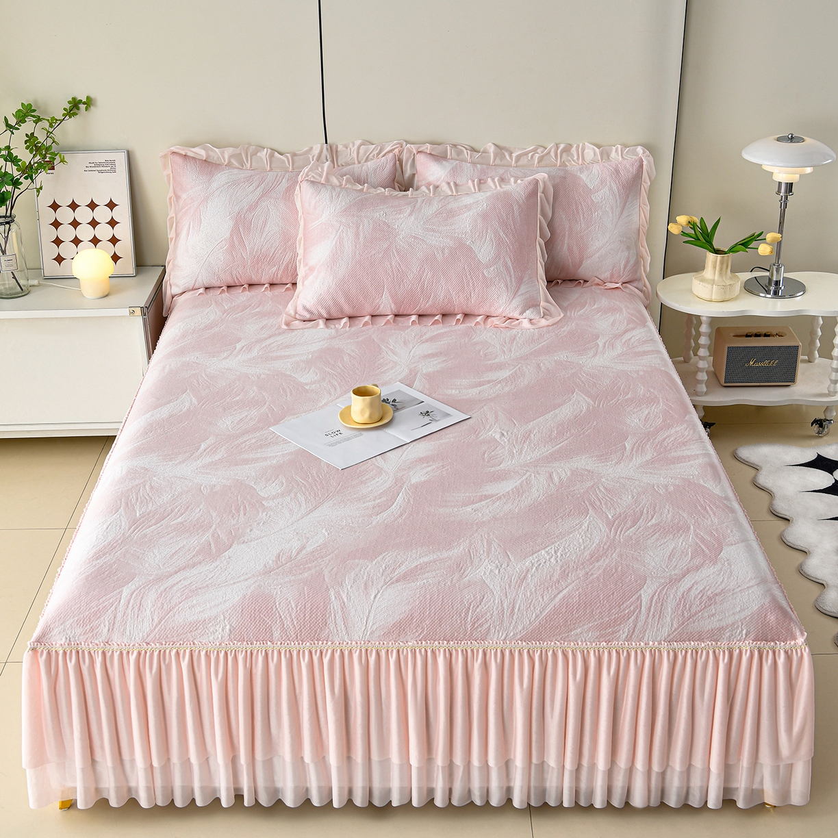 畅畅家纺 2026春夏新款夏季3D立体冰豆豆凉席席子床裙三件套 微风轻羽-粉