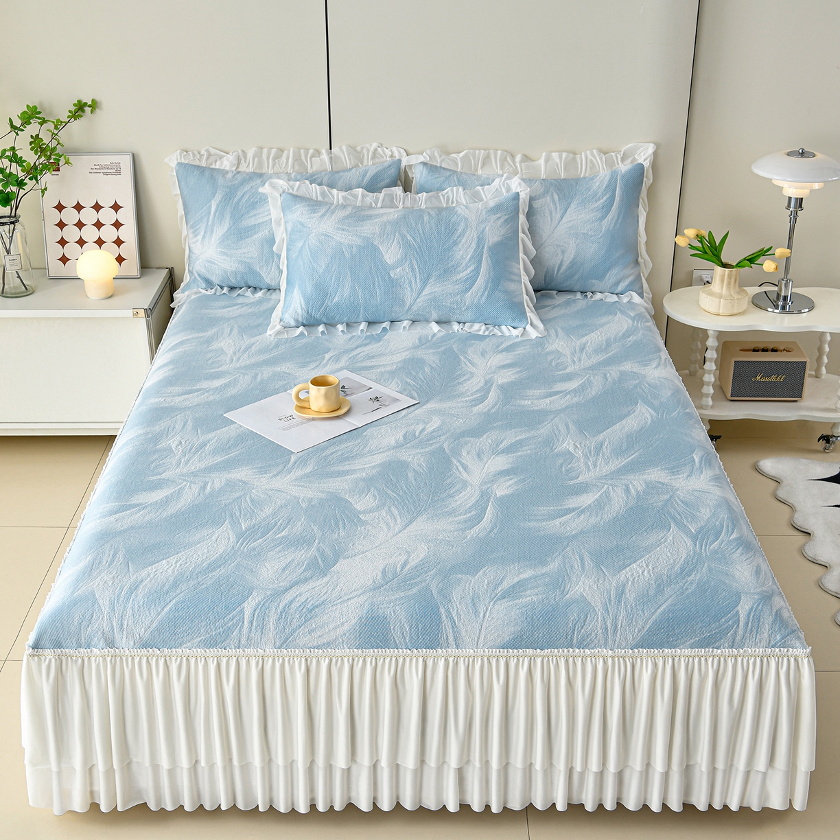 畅畅家纺 2026春夏新款夏季3D立体冰豆豆凉席席子床裙三件套 微风轻羽-蓝