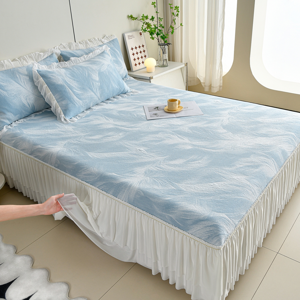 91家纺网 家纺一手货源 找家纺 畅畅家纺 2026春夏新款夏季3D立体冰豆豆凉席席子床裙三件套 微风轻羽-蓝