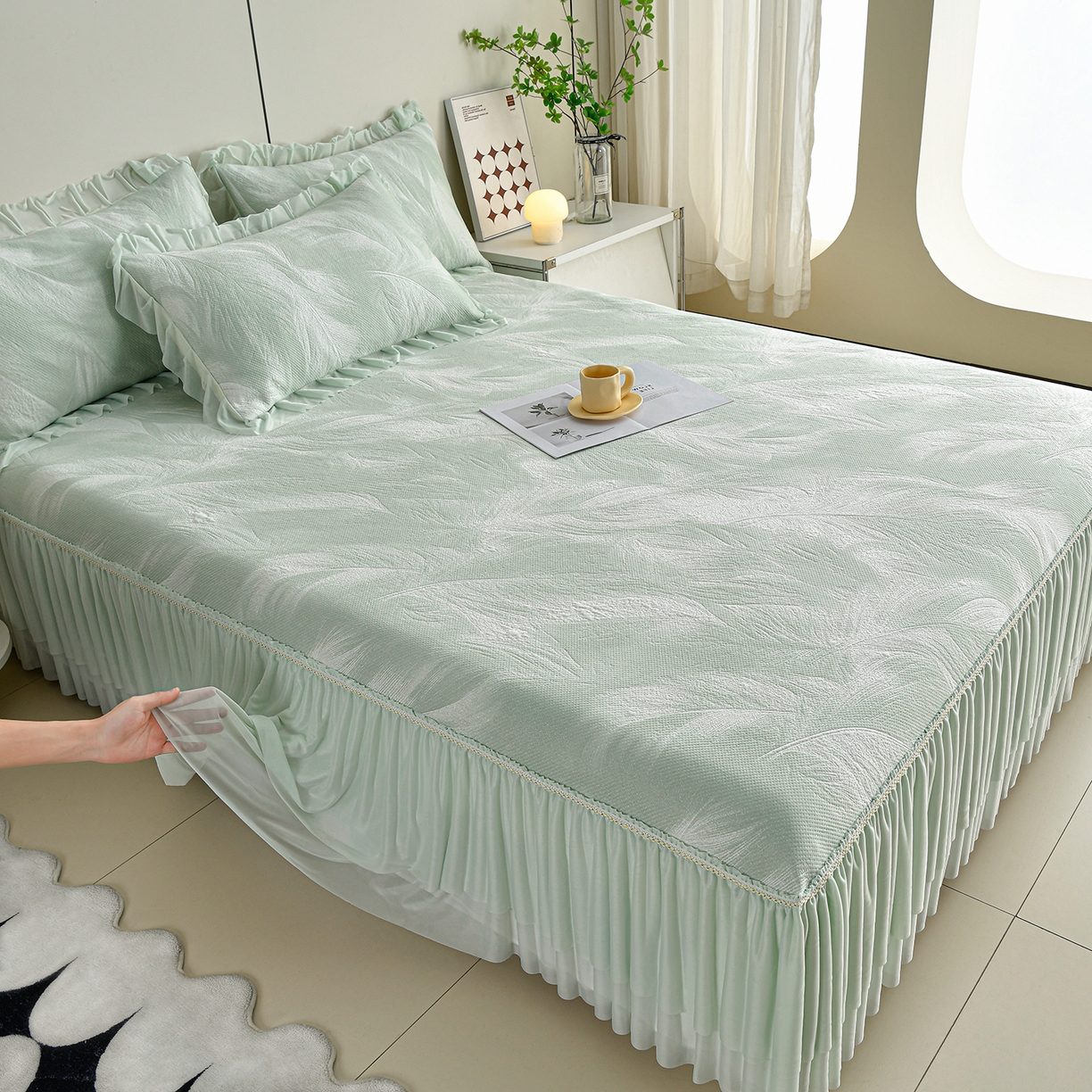 91家纺网 家纺一手货源 找家纺 畅畅家纺 2026春夏新款夏季3D立体冰豆豆凉席席子床裙三件套 微风轻羽-绿