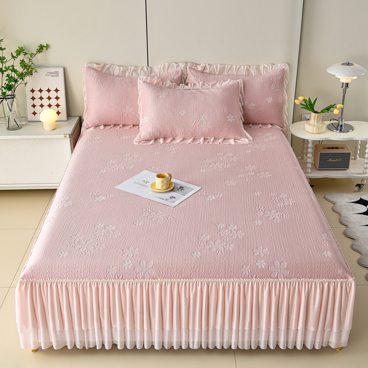 畅畅家纺 2026春夏新款夏季3D立体冰豆豆凉席席子床裙三件套 香漫-粉