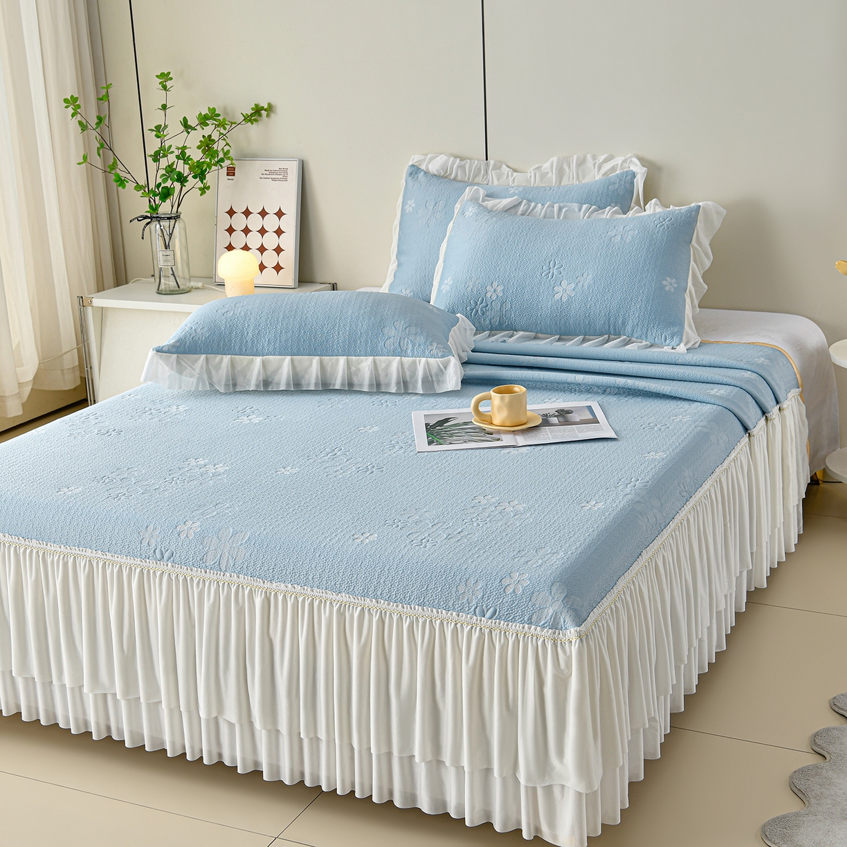 91家纺网 家纺一手货源 找家纺 畅畅家纺 2026春夏新款夏季3D立体冰豆豆凉席席子床裙三件套 香漫-蓝