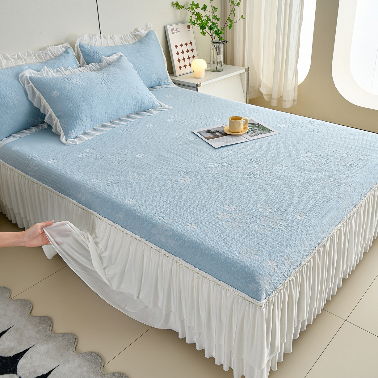 91家纺网 家纺一手货源 找家纺 畅畅家纺 2026春夏新款夏季3D立体冰豆豆凉席席子床裙三件套 香漫-蓝