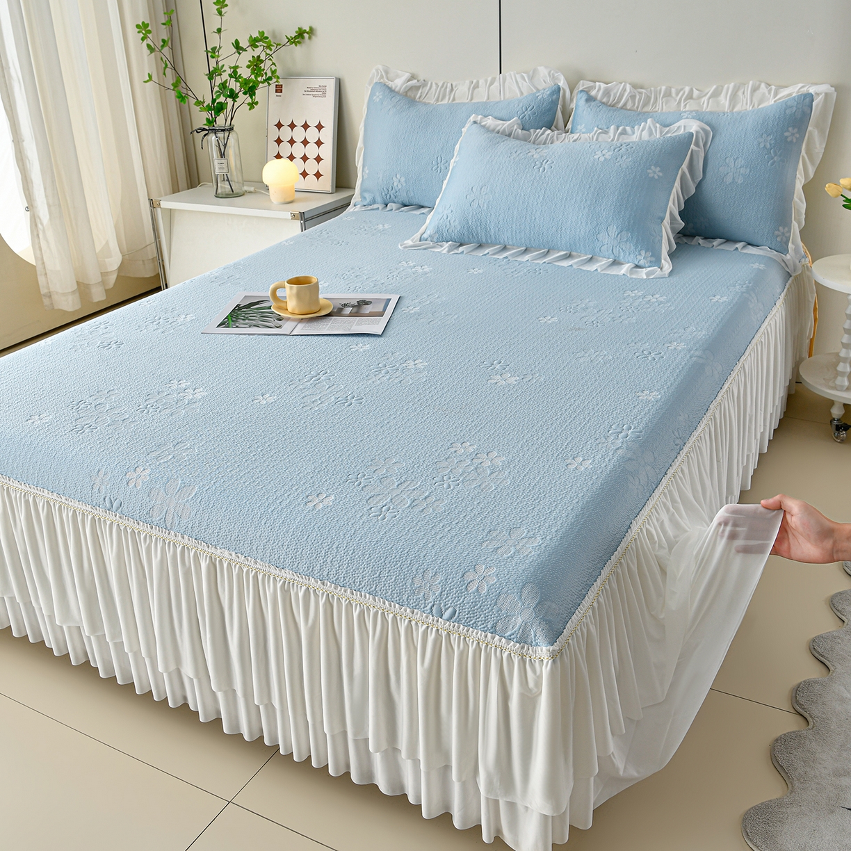 91家纺网 家纺一手货源 找家纺 畅畅家纺 2026春夏新款夏季3D立体冰豆豆凉席席子床裙三件套 香漫-蓝