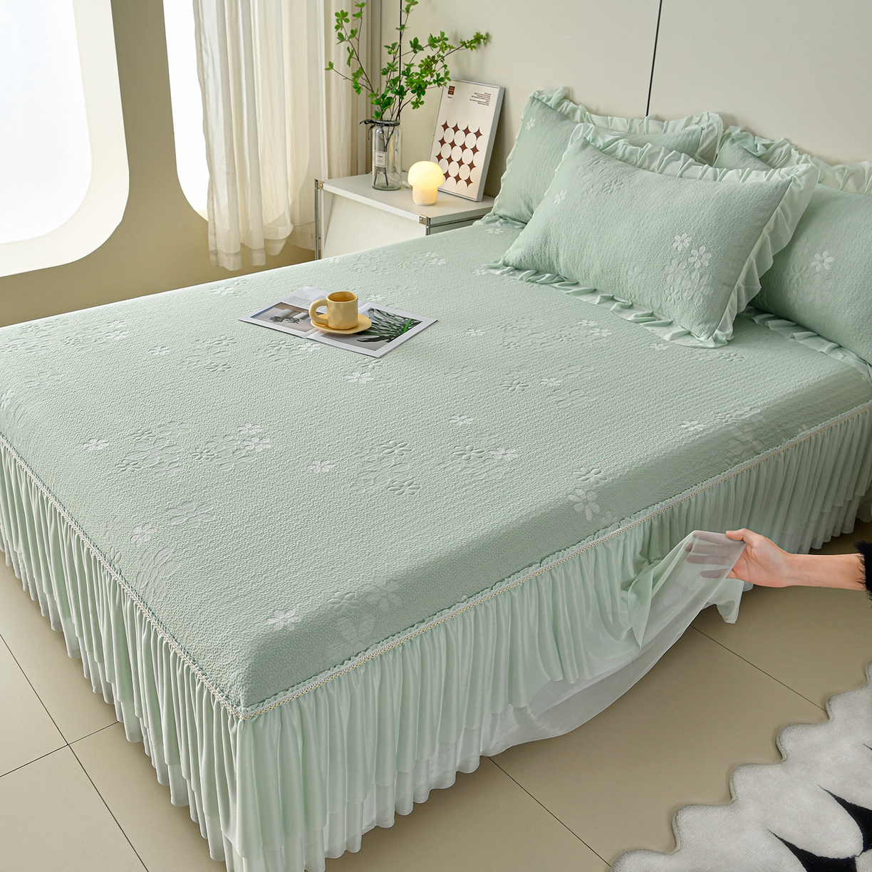 91家纺网 家纺一手货源 找家纺 畅畅家纺 2026春夏新款夏季3D立体冰豆豆凉席席子床裙三件套 香漫-绿