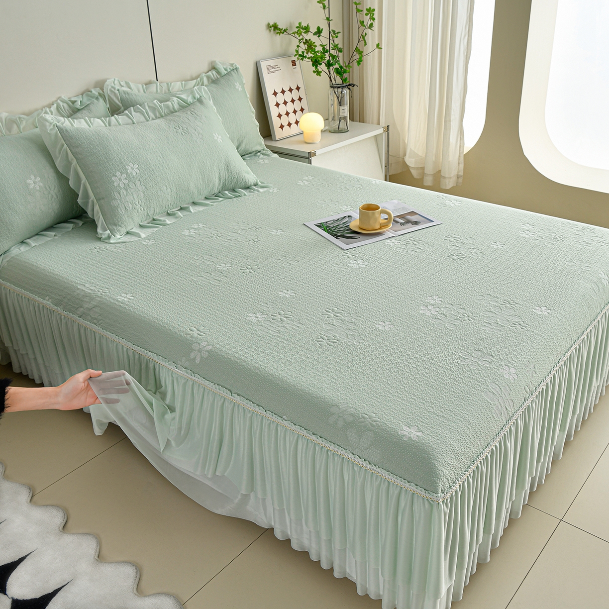 91家纺网 家纺一手货源 找家纺 畅畅家纺 2026春夏新款夏季3D立体冰豆豆凉席席子床裙三件套 香漫-绿