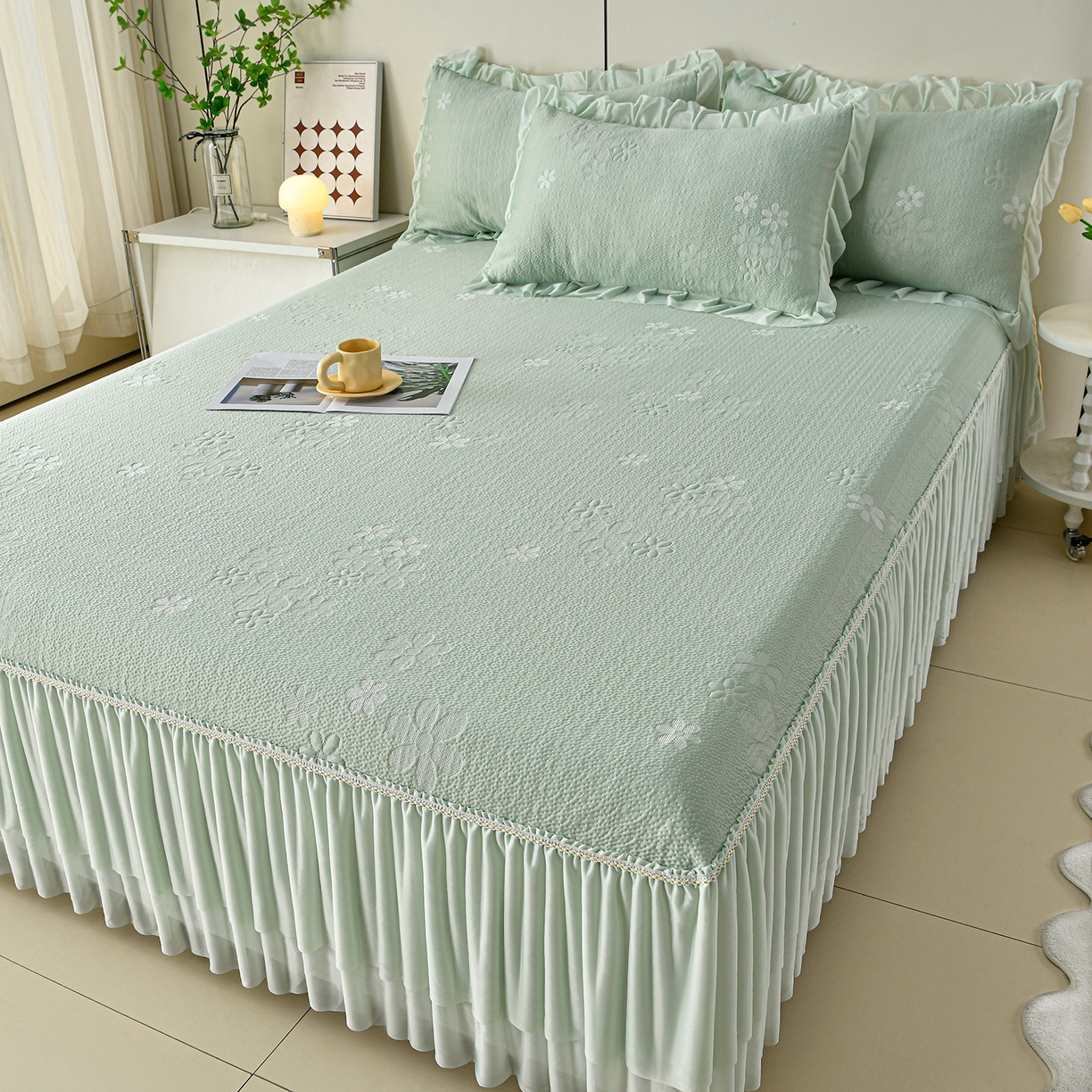 91家纺网 家纺一手货源 找家纺 畅畅家纺 2026春夏新款夏季3D立体冰豆豆凉席席子床裙三件套 香漫-绿