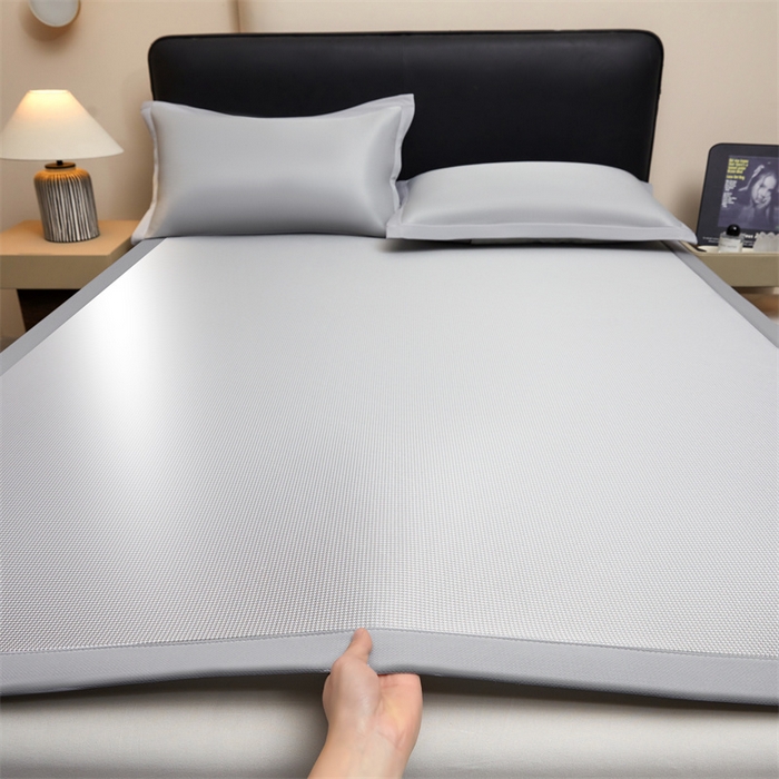 女子家纺 2026新款碳光冰丝席子三件套加厚三明治冰丝软席席子凉席-平铺席 千鸟格-绑带款-银帆灰