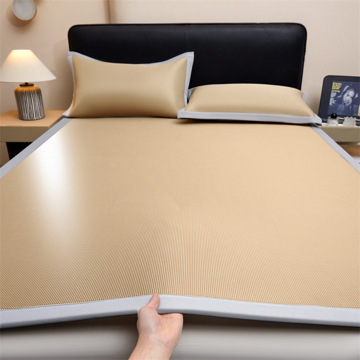 女子家纺 2026新款碳光冰丝席子三件套加厚三明治冰丝软席席子凉席-平铺席 千鸟格-绑带款-香槟金