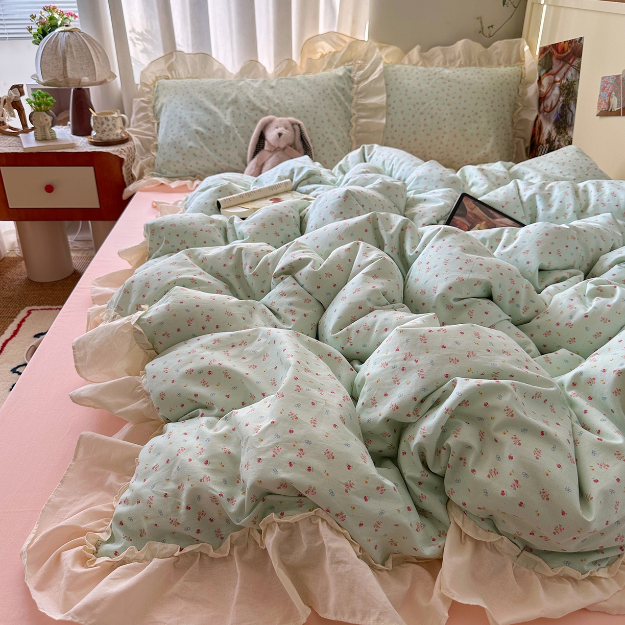 艾咪-Amy ntmy 2026春夏新款法式少女风全棉纯棉花边款小碎花四件套-花边甜樱 花边甜樱-绿