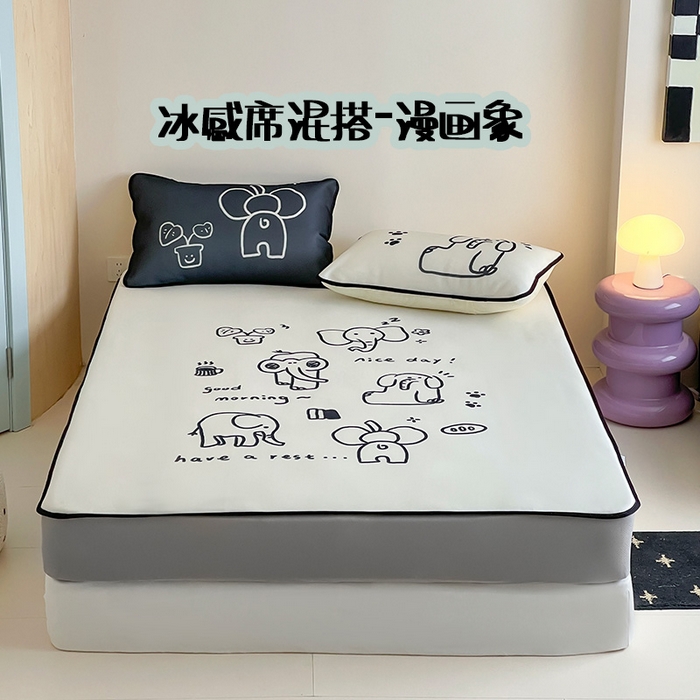 桃子家居 2026新款A类ins博主卡通数码印花高级品质撞色中分子1200D冰感丝凉感席冰丝三件套平铺床笠系列 冰感席混搭-漫画象