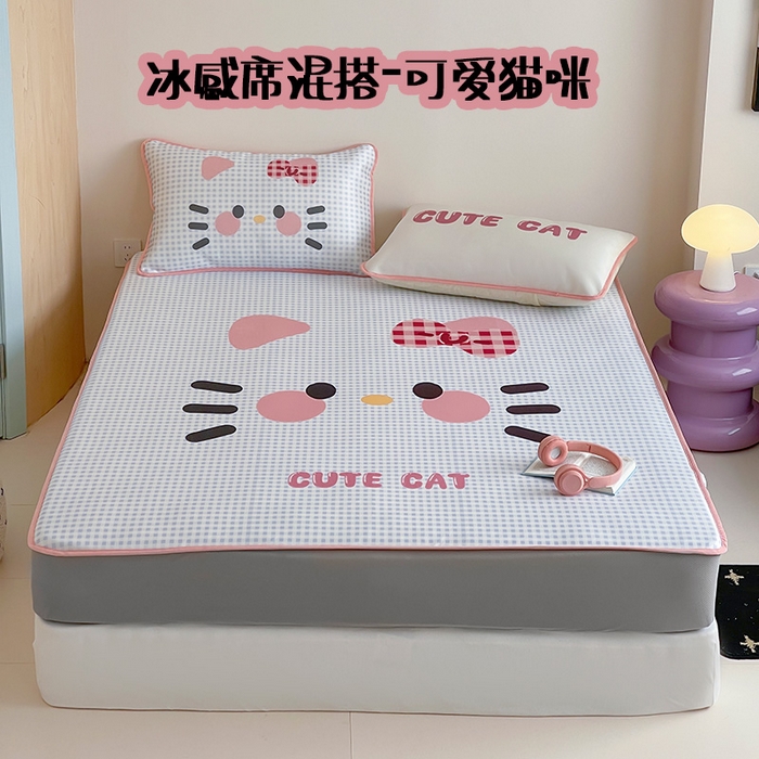 桃子家居 2026新款A类ins博主卡通数码印花高级品质撞色中分子1200D冰感丝凉感席冰丝三件套平铺床笠系列 冰感席混搭-可爱猫咪