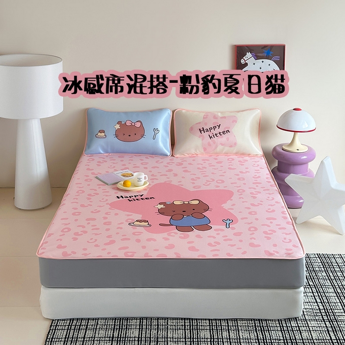 桃子家居 2026新款A类ins博主卡通数码印花高级品质撞色中分子1200D冰感丝凉感席冰丝三件套平铺床笠系列 冰感席混搭-粉豹夏日猫