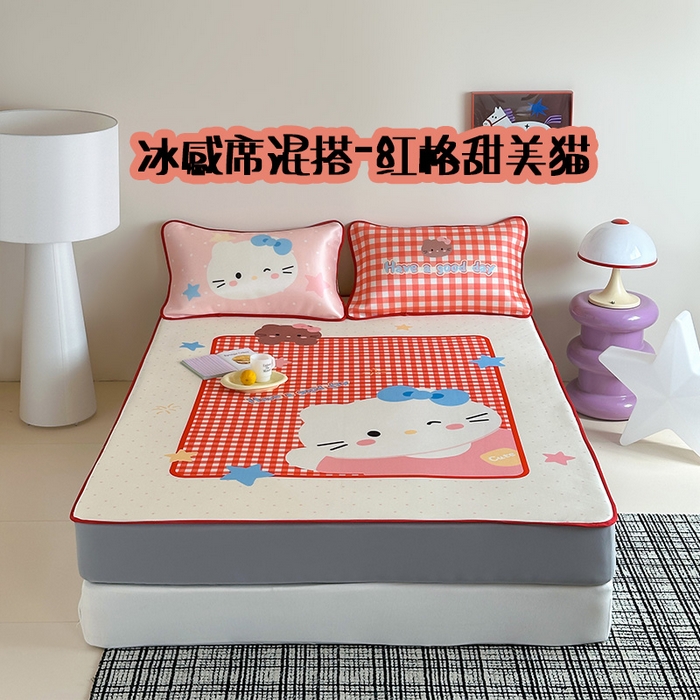 桃子家居 2026新款A类ins博主卡通数码印花高级品质撞色中分子1200D冰感丝凉感席冰丝三件套平铺床笠系列 冰感席混搭-红格甜美猫