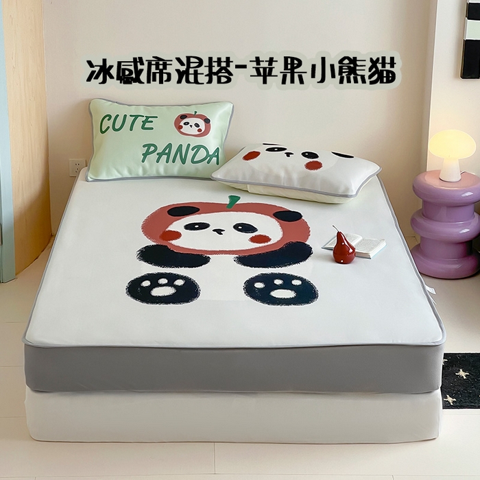 桃子家居 2026新款A类ins博主卡通数码印花高级品质撞色中分子1200D冰感丝凉感席冰丝三件套平铺床笠系列 冰感席混搭-苹果小熊猫
