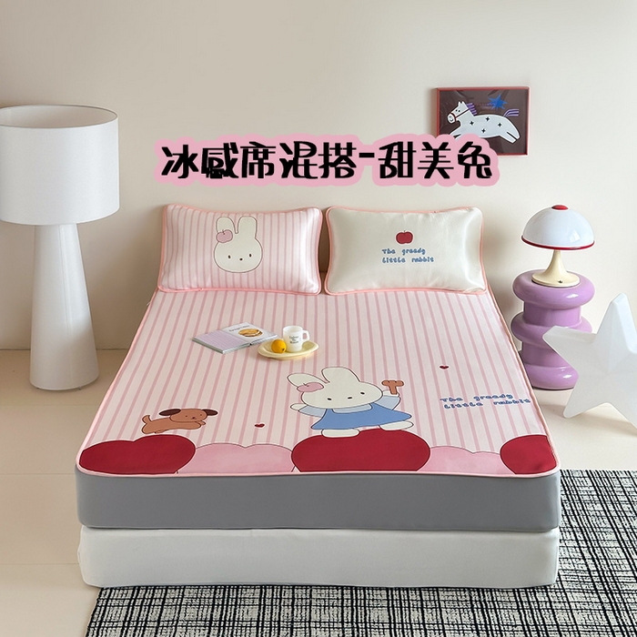 桃子家居 2026新款A类ins博主卡通数码印花高级品质撞色中分子1200D冰感丝凉感席冰丝三件套平铺床笠系列 冰感席混搭-甜美兔