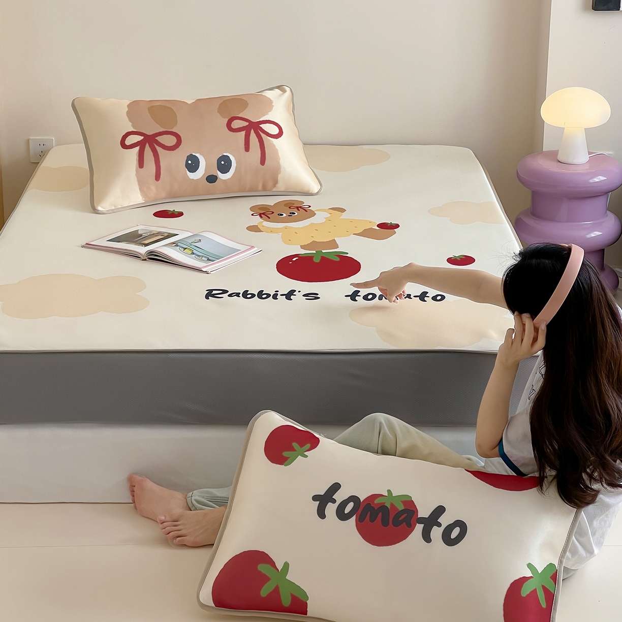 91家纺网 家纺一手货源 找家纺 （总）桃子家居 2026新款A类ins博主卡通数码印花高级品质撞色中分子1200D冰感丝凉感席冰丝三件套平铺床笠系列