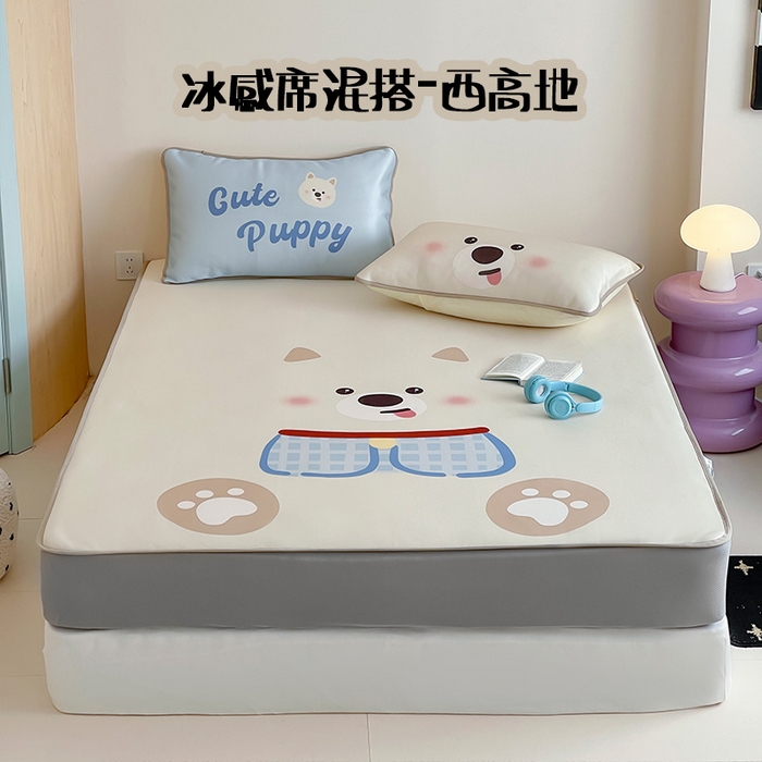 桃子家居 2026新款A类ins博主卡通数码印花高级品质撞色中分子1200D冰感丝凉感席冰丝三件套平铺床笠系列 冰感席混搭-西高地