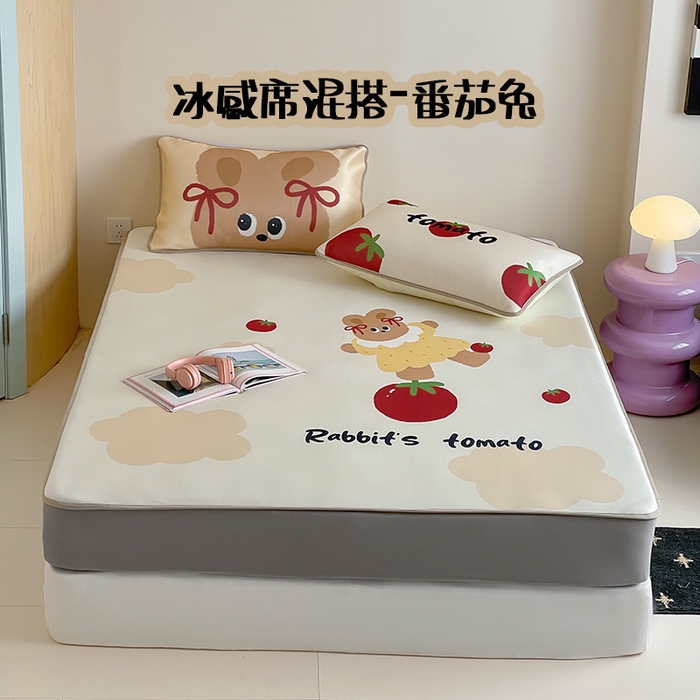 桃子家居 2026新款A类ins博主卡通数码印花高级品质撞色中分子1200D冰感丝凉感席冰丝三件套平铺床笠系列 冰感席混搭-番茄兔