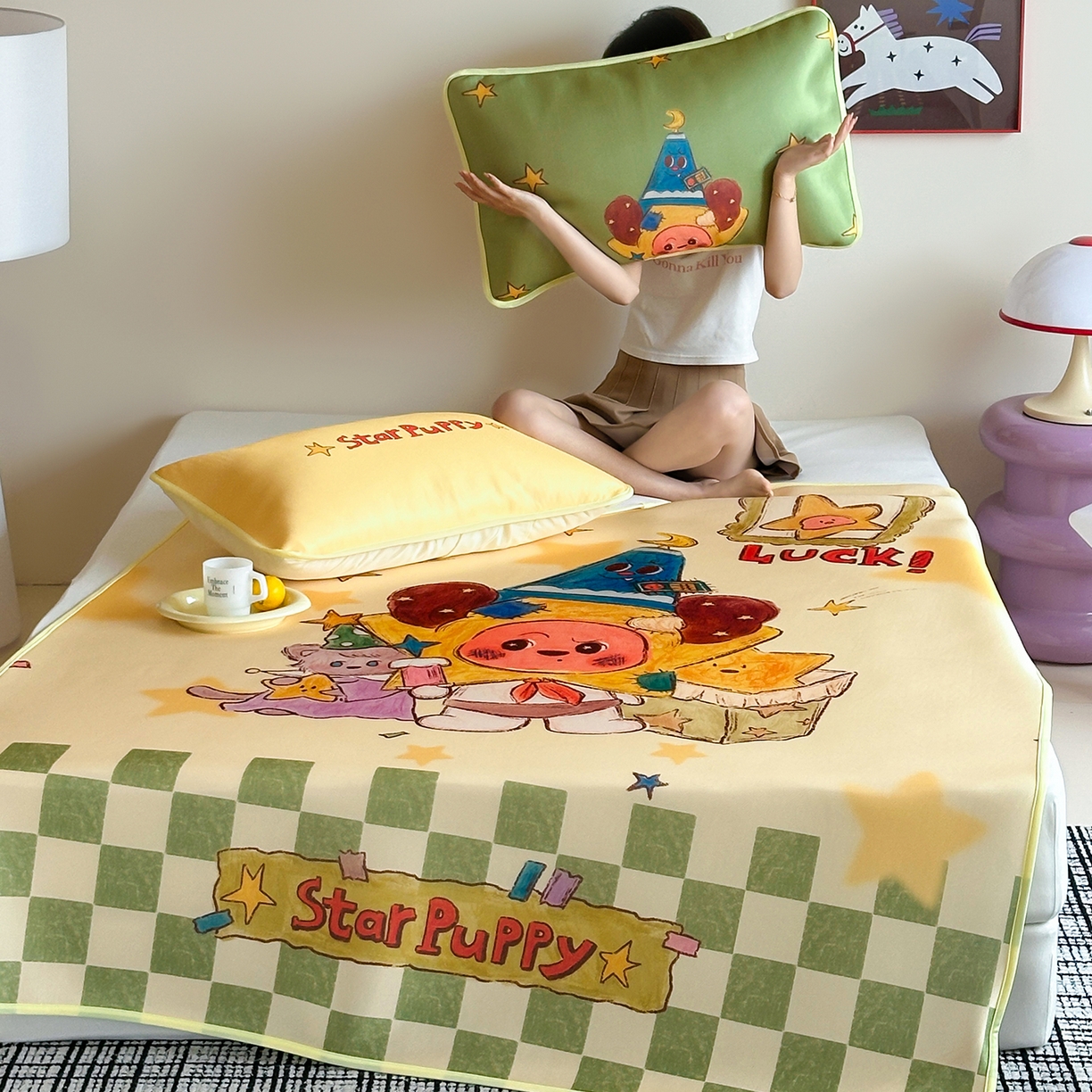 91家纺网 家纺一手货源 找家纺 桃子家居 2026新款A类ins博主卡通数码印花高级品质撞色中分子1200D冰感丝凉感席冰丝三件套平铺床笠系列 冰感席混搭-魔法世界