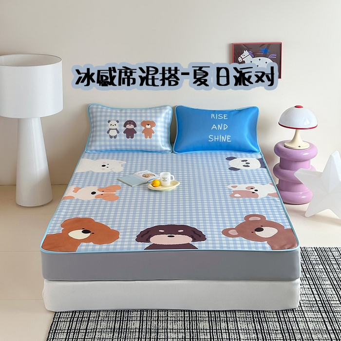 桃子家居 2026新款A类ins博主卡通数码印花高级品质撞色中分子1200D冰感丝凉感席冰丝三件套平铺床笠系列 冰感席混搭-夏日派对