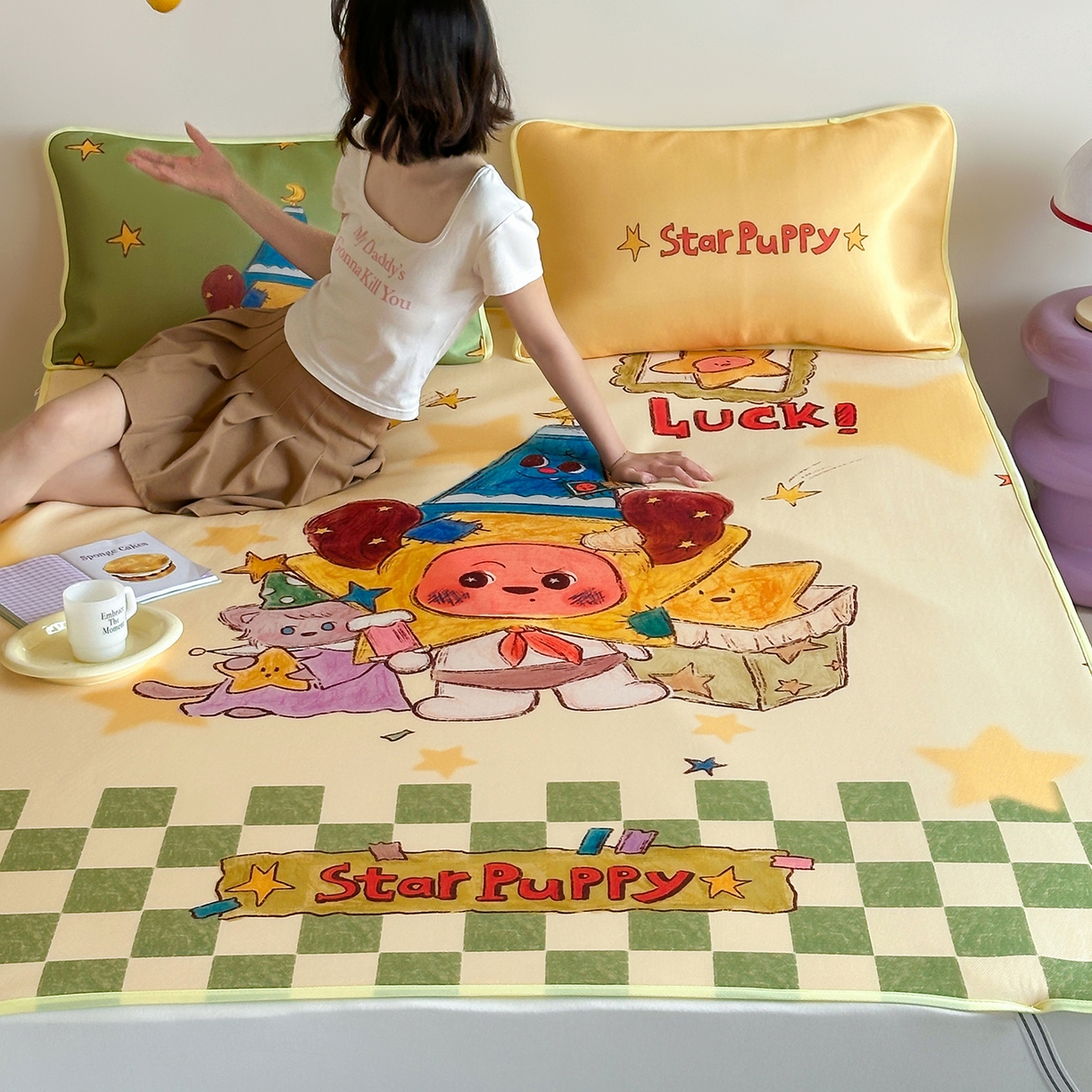 91家纺网 家纺一手货源 找家纺 桃子家居 2026新款A类ins博主卡通数码印花高级品质撞色中分子1200D冰感丝凉感席冰丝三件套平铺床笠系列 冰感席混搭-魔法世界