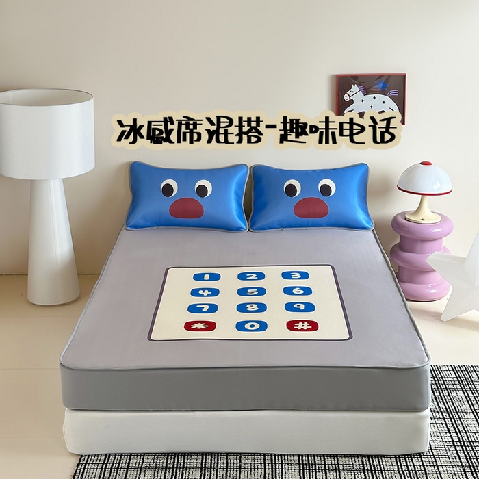 桃子家居 2026新款A类ins博主卡通数码印花高级品质撞色中分子1200D冰感丝凉感席冰丝三件套平铺床笠系列 冰感席混搭-趣味电话