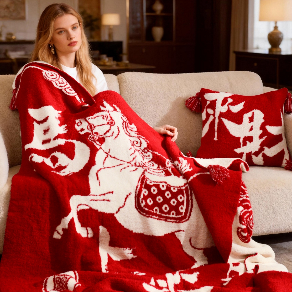 91家纺网 家纺一手货源 找家纺 苏艺针织盖毯 2026新款A类半边绒国风祥瑞针织毯披肩毛毯多功能盖毯送礼礼物 马上来财