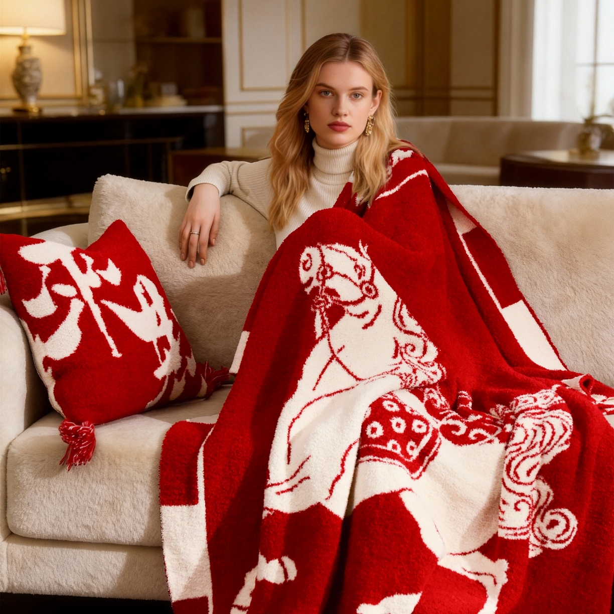 91家纺网 家纺一手货源 找家纺 苏艺针织盖毯 2026新款A类半边绒国风祥瑞针织毯披肩毛毯多功能盖毯送礼礼物 马上有钱