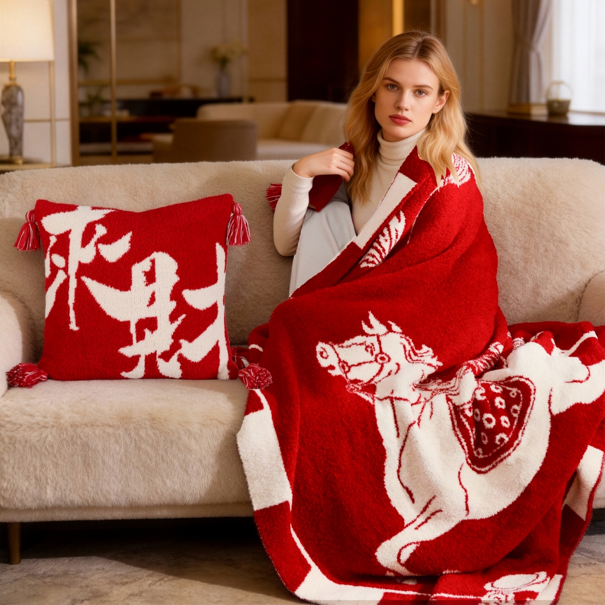 91家纺网 家纺一手货源 找家纺 苏艺针织盖毯 2026新款A类半边绒国风祥瑞针织毯披肩毛毯多功能盖毯送礼礼物 马上有钱