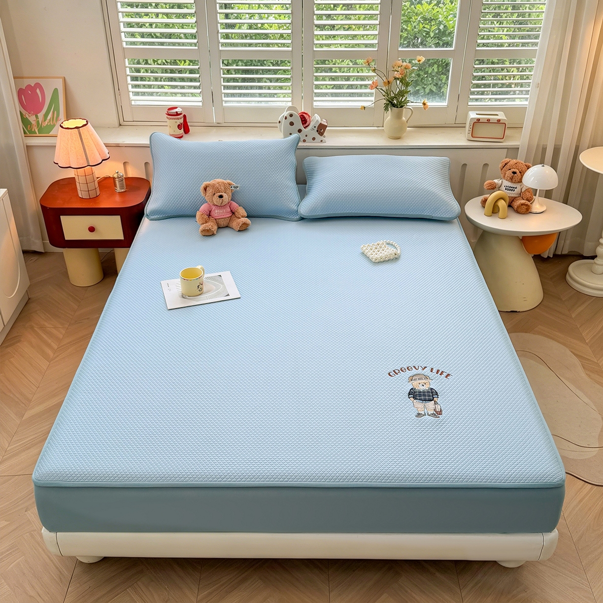 91家纺网 家纺一手货源 找家纺 喜居 2026新款凉感PE小熊刺绣系列床笠款凉席 凉感PE床笠-Mr. Bear-蓝
