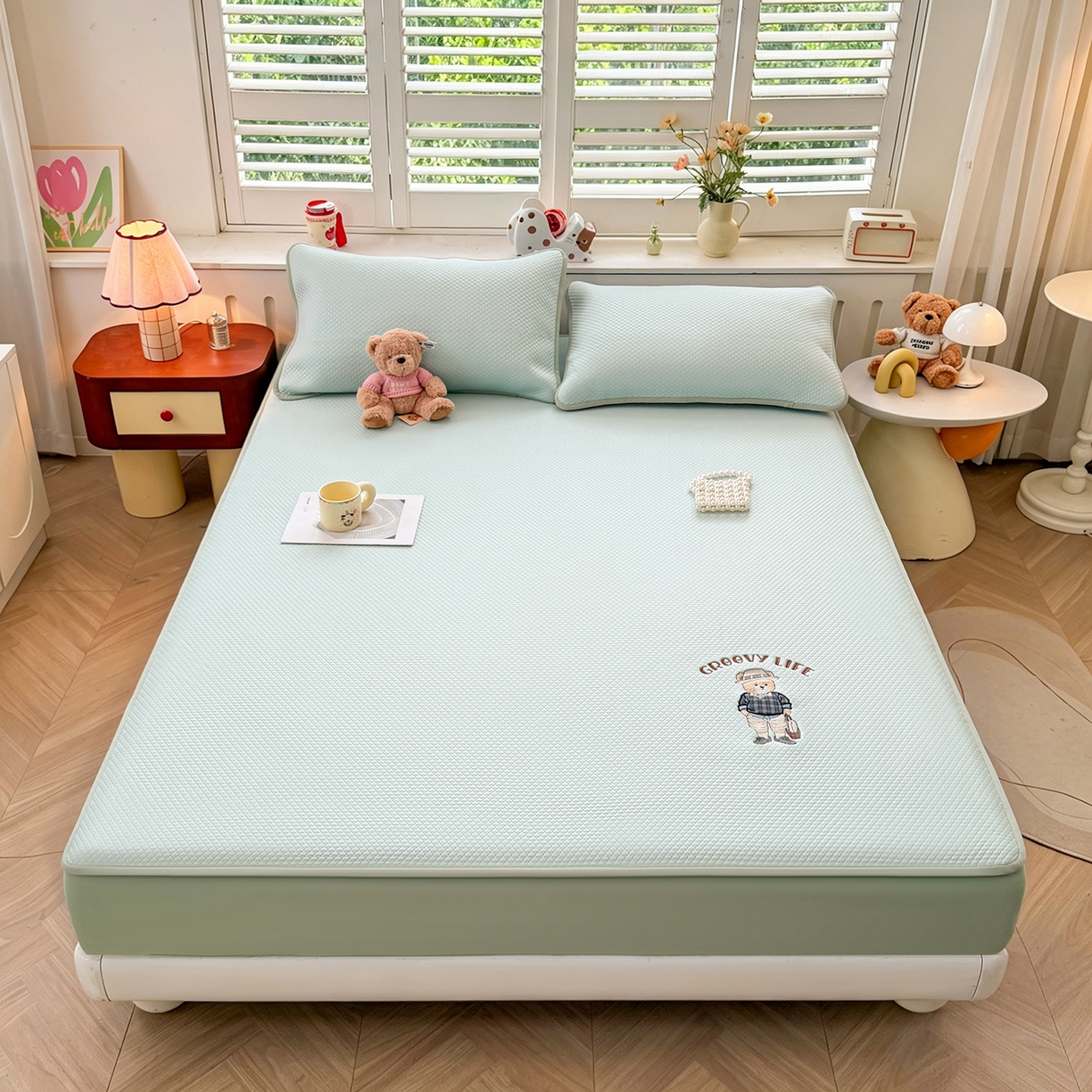 91家纺网 家纺一手货源 找家纺 喜居 2026新款凉感PE小熊刺绣系列床笠款凉席 凉感PE床笠-Mr. Bear-绿