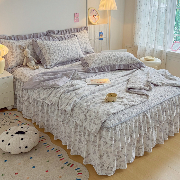 91家纺网 家纺一手货源 找家纺 铠畅家纺 2026新款泡芙纱水洗棉夏被四件套 灰影花眠