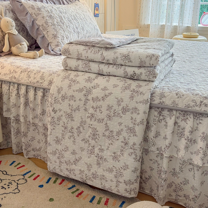 铠畅家纺 2026新款泡芙纱水洗棉夏被四件套 灰影花眠