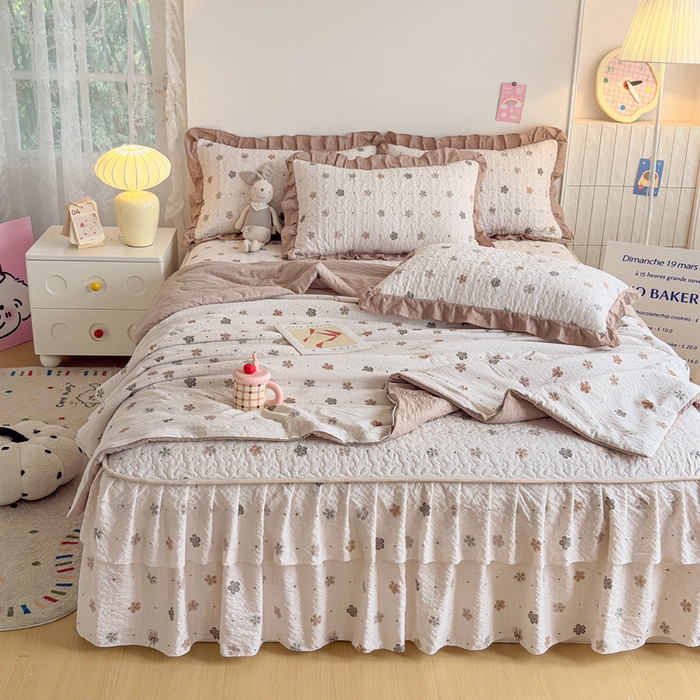 91家纺网 家纺一手货源 找家纺 铠畅家纺 2026新款泡芙纱水洗棉夏被四件套 焦糖花野