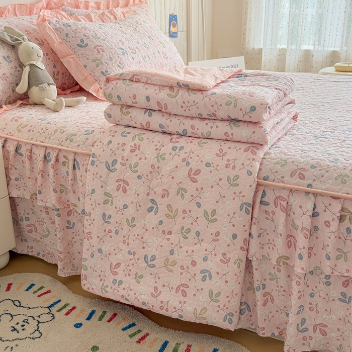 铠畅家纺 2026新款泡芙纱水洗棉夏被四件套 浅粉柔枝