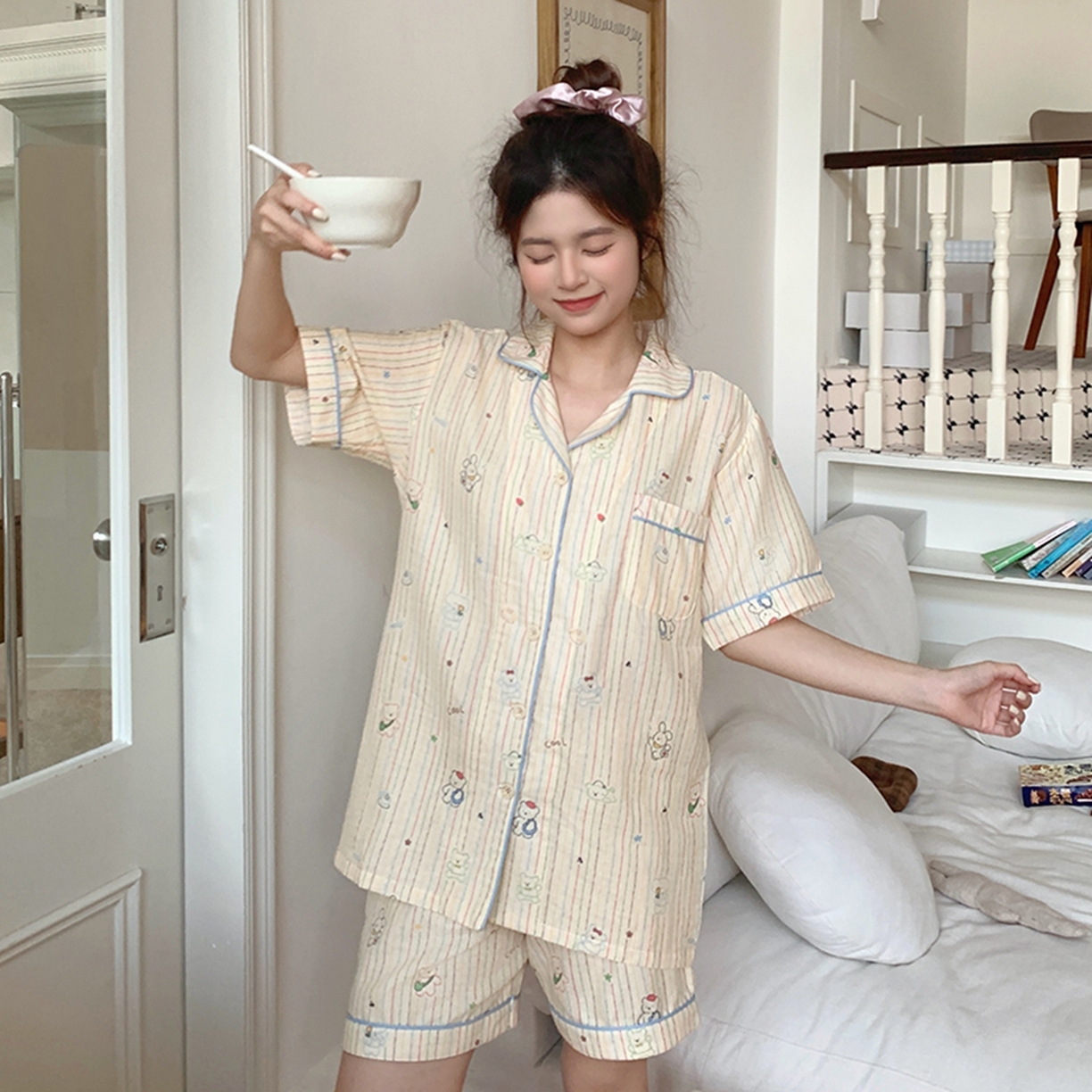 91家纺网 家纺一手货源 找家纺 爱思佳 2026新款全棉纯棉双层纱短袖睡衣系列 嘟嘟熊