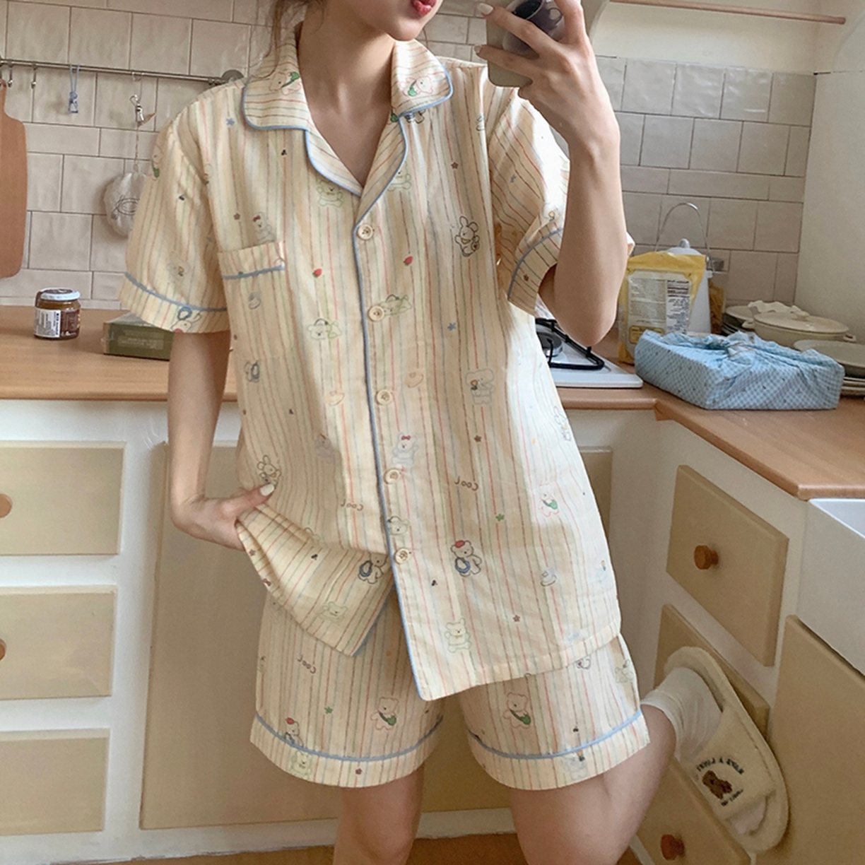 91家纺网 家纺一手货源 找家纺 爱思佳 2026新款全棉纯棉双层纱短袖睡衣系列 嘟嘟熊