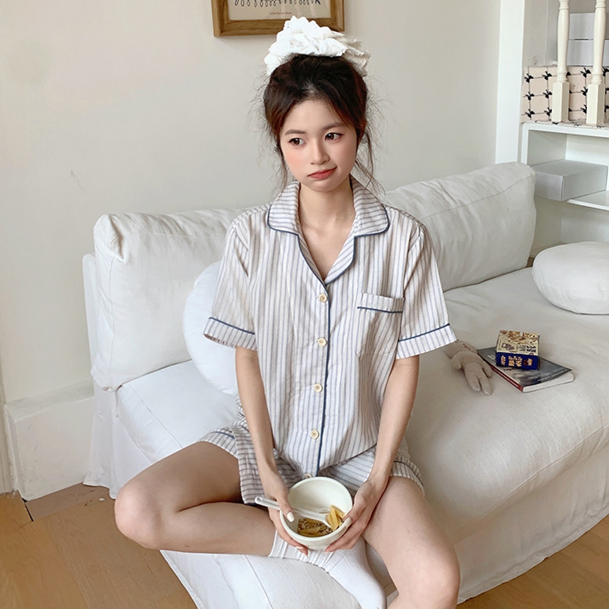 91家纺网 家纺一手货源 找家纺 爱思佳 2026新款全棉纯棉双层纱短袖睡衣系列 条纹蓝