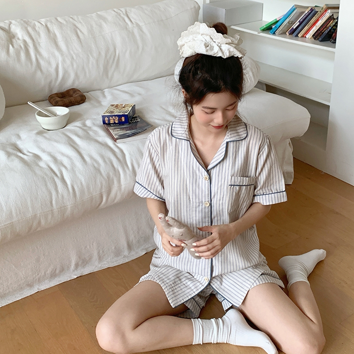 91家纺网 家纺一手货源 找家纺 爱思佳 2026新款全棉纯棉双层纱短袖睡衣系列 条纹蓝