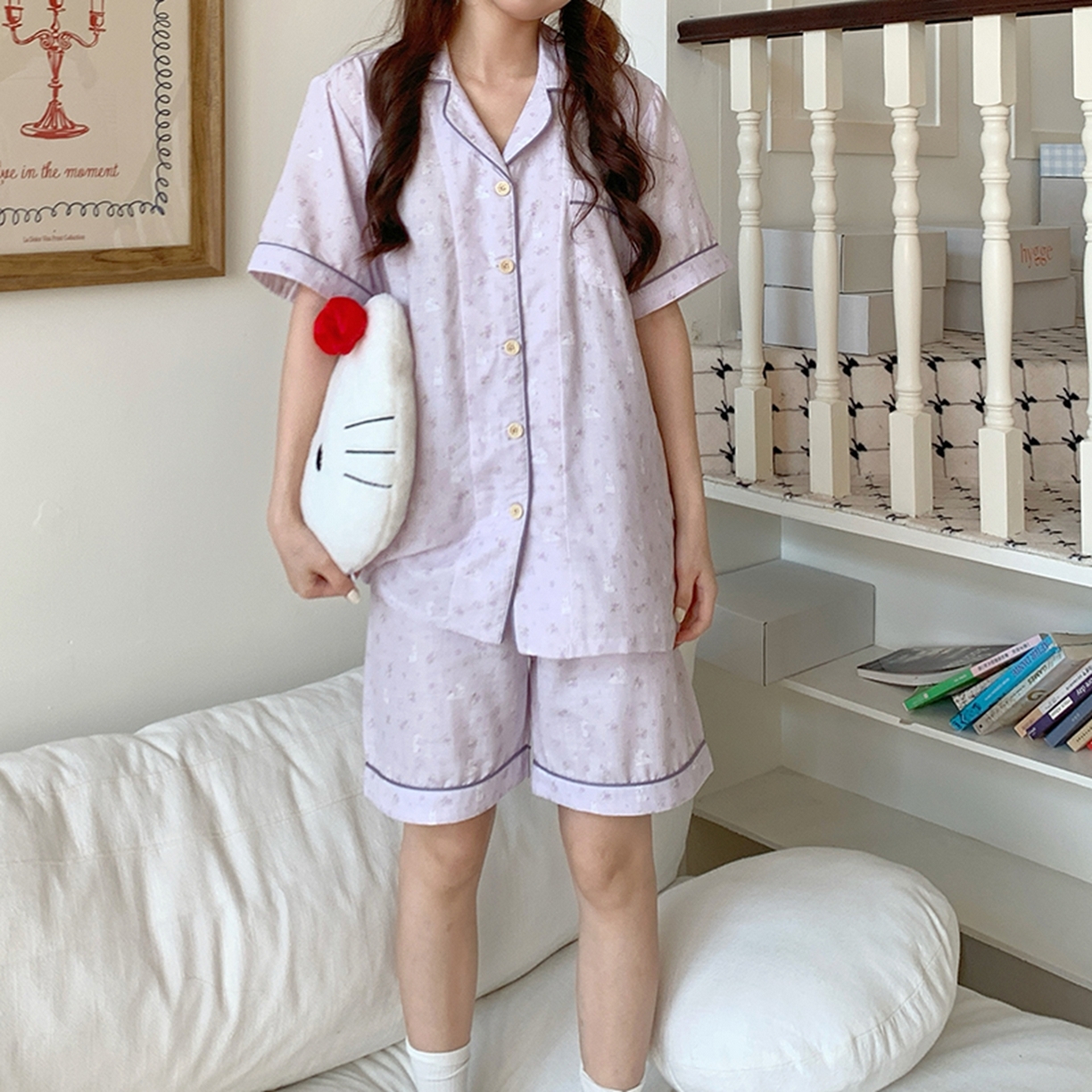 91家纺网 家纺一手货源 找家纺 爱思佳 2026新款全棉纯棉双层纱短袖睡衣系列 紫小兔