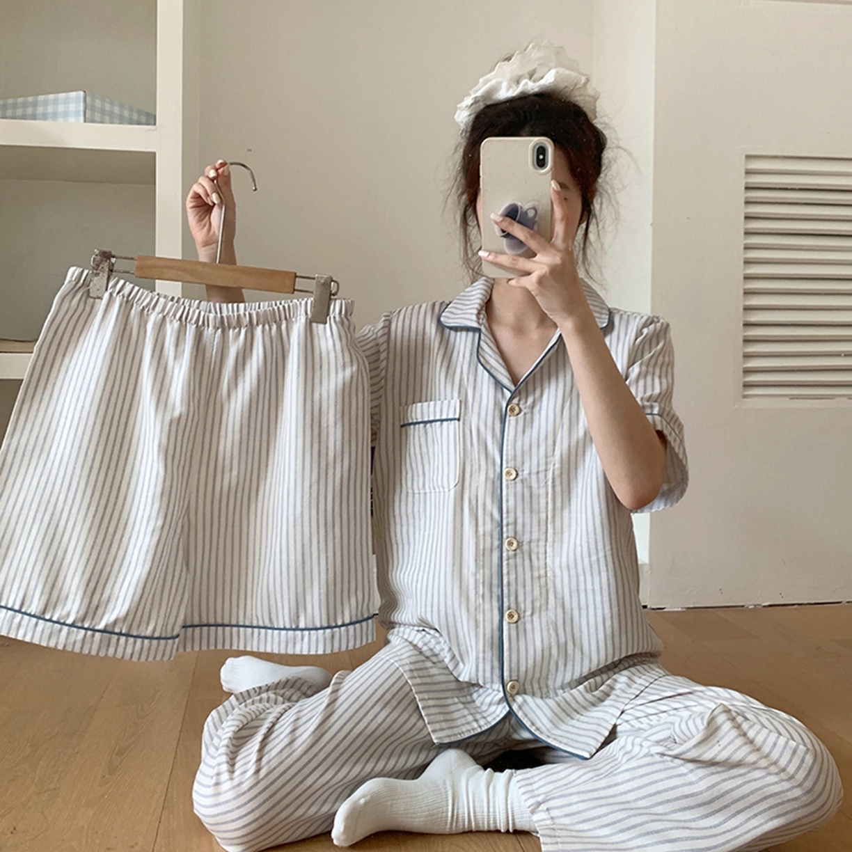 爱思佳 2026新款全棉纯棉双层纱短袖睡衣系列 条纹蓝