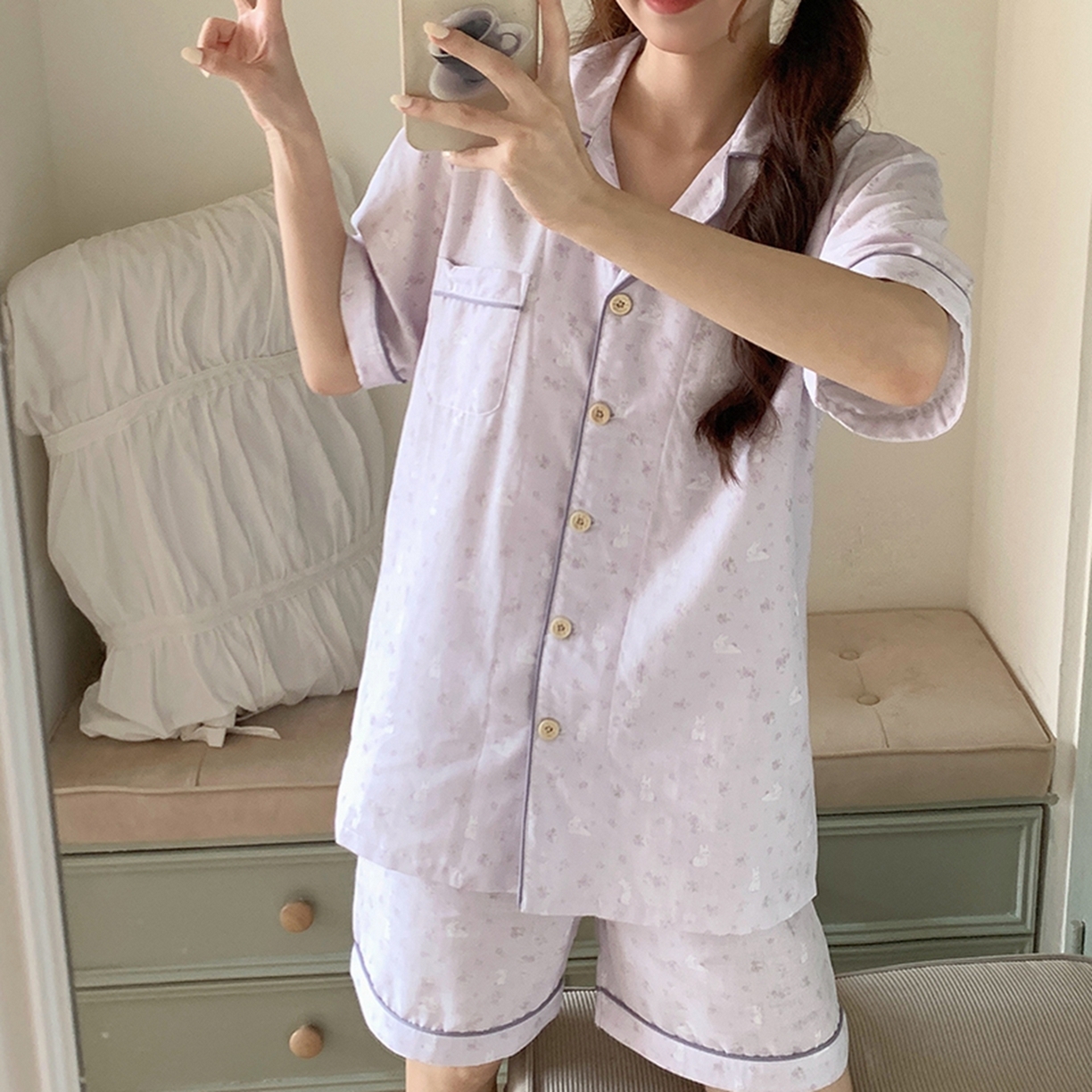 91家纺网 家纺一手货源 找家纺 爱思佳 2026新款全棉纯棉双层纱短袖睡衣系列 紫小兔